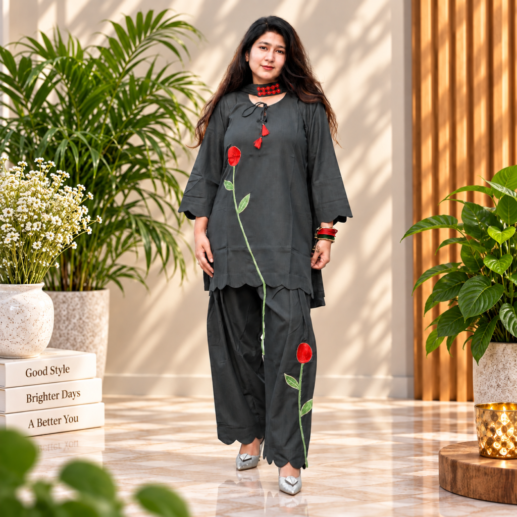 Women’s Charcoal Grey Farshi Embroidered Salwar Suit Set