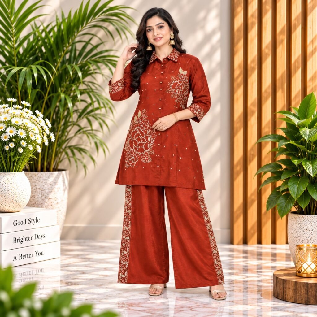 Women’s Rust Orange Embroidered Co-ord Set