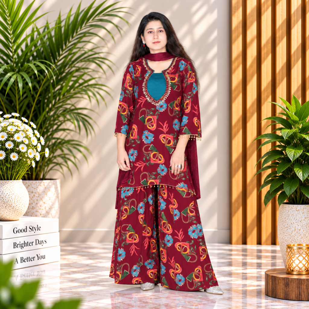 Women’s Maroon Floral Printed Kurta Palazzo Set