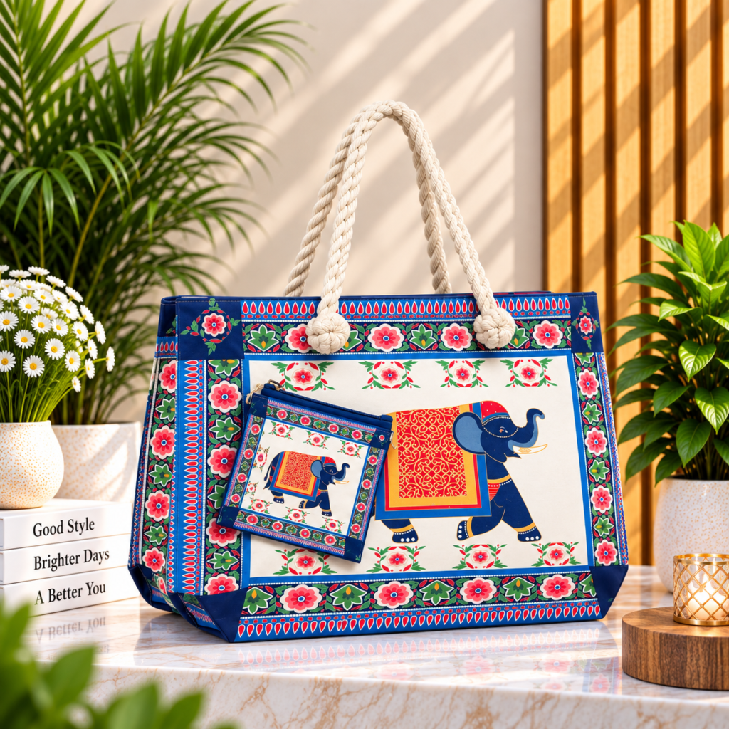 Elephant Print Rope-Handle Tote Bag