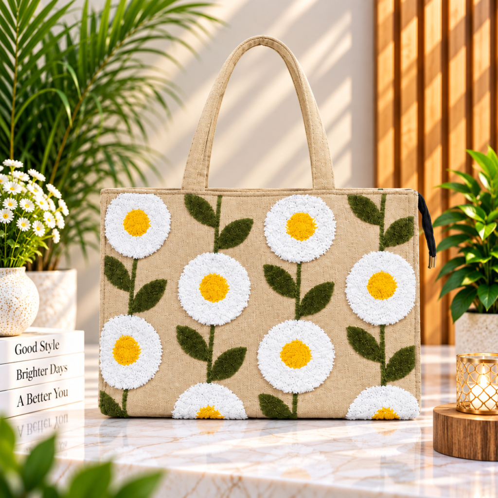 Embroidered Floral Jute Tote Bag